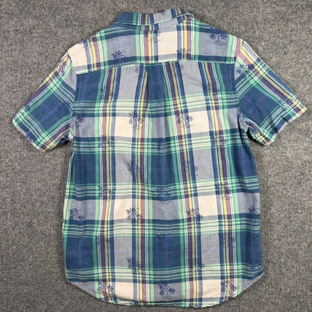 Ralph Lauren Button Down Boy L 14-16 Blue Green Plaid Palm Tree Short Sleeve